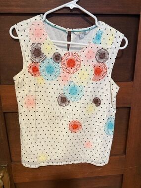 Boden White Polka Dot Tank with Multicolor Floral Embroidery